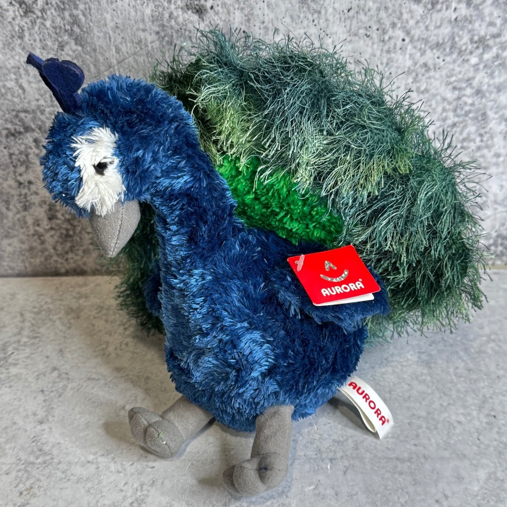 Aurora World Peacock Plush Perry Blue Green Shaggy Stuffed Animal Toy 2015 NWT